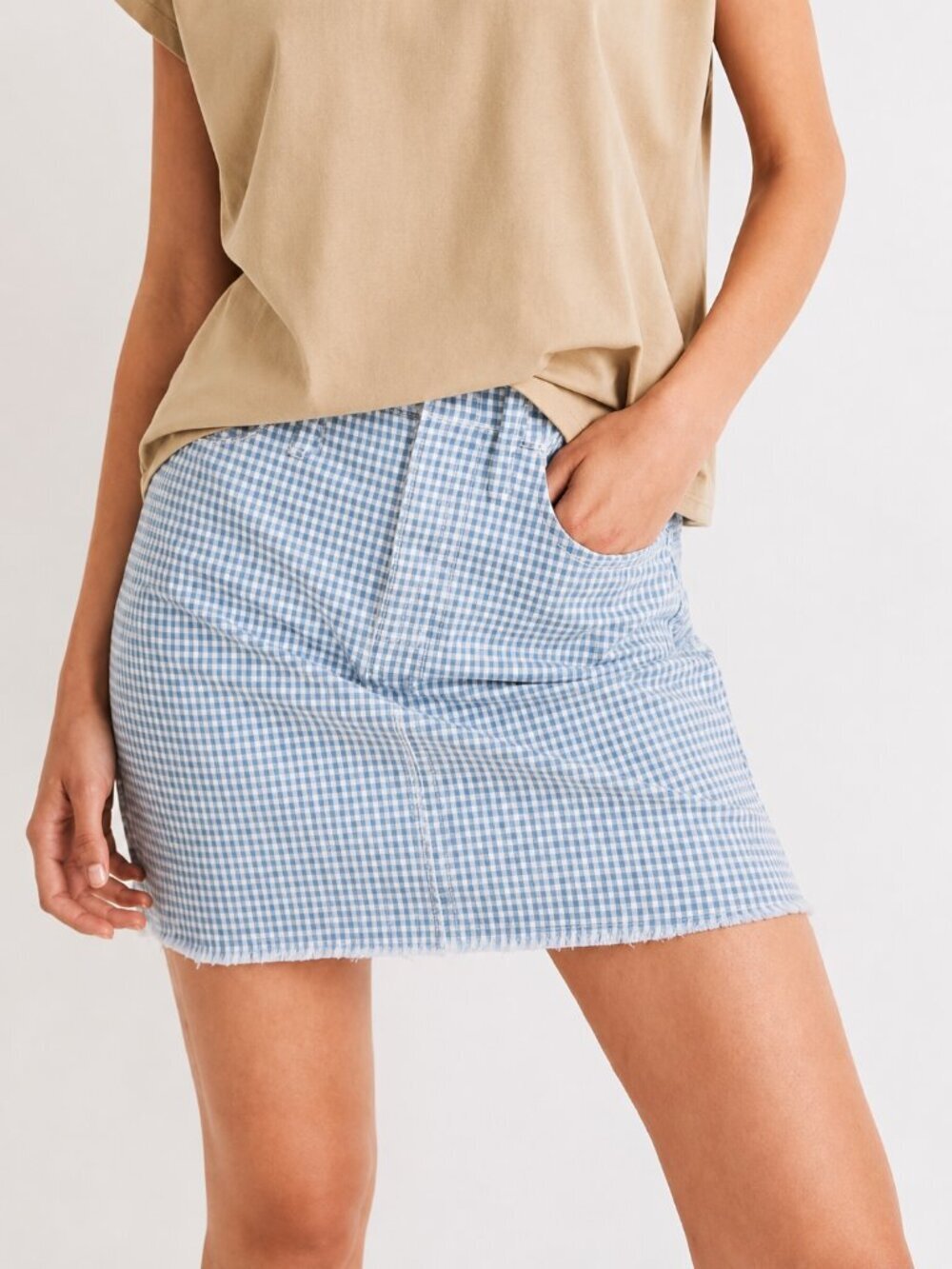 Madwell Blue Gingham Stretch Denim Straight Mini Skirt Raw Hem Edition SZ 32